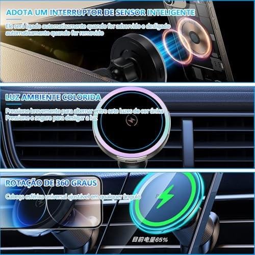         Tundala Suporte Veicular, Suporte Celular Carro 15W, com Clipe de Ar Condicionado para Carro, Pode Girar 360 Graus, Compatível com iPhone 16, 15, 14, 13 e 12       