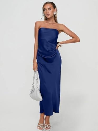         DAAWENXI Vestido feminino de verão, sexy, tomara que caia, cetim, colado ao corpo, vestido midi com fenda lateral, coquetel e festa       