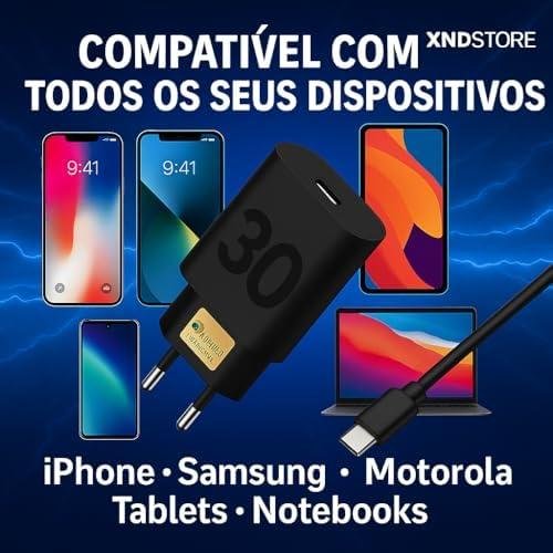        Fonte Carregador Turbo Premium® 30W Ultra Rápido Tipo C Com Carregamento Rápido  Cabo Tipo C Compatível Com Todos Os Dispositivos Motorola Samsung IPhone 15/16 Xiaomi       