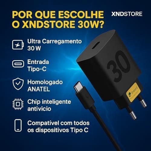         Fonte Carregador Turbo Premium® 30W Ultra Rápido Tipo C Com Carregamento Rápido  Cabo Tipo C Compatível Com Todos Os Dispositivos Motorola Samsung IPhone 15/16 Xiaomi       