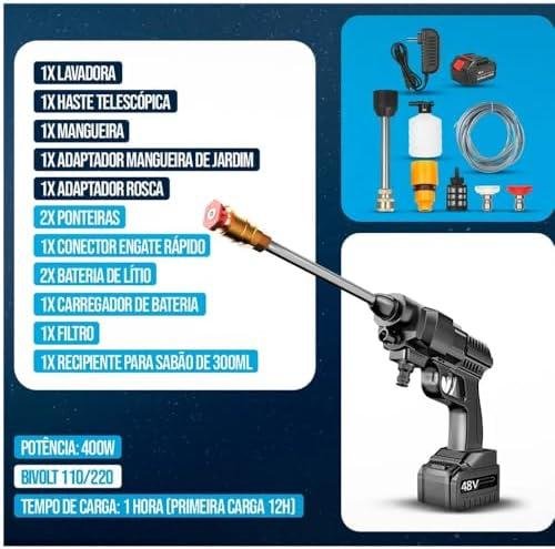         Lava Jato Portátil Alta Pressão Sem Fio – 2 Baterias  Maleta de Transporte – Bivolt       