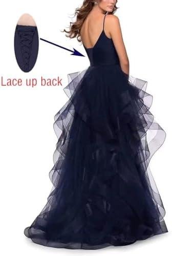         Vestidos de formatura femininos de tule brilhante, gola V, alças finas, vestidos de baile, longos e fofos em camadas, vestido formal para noite       